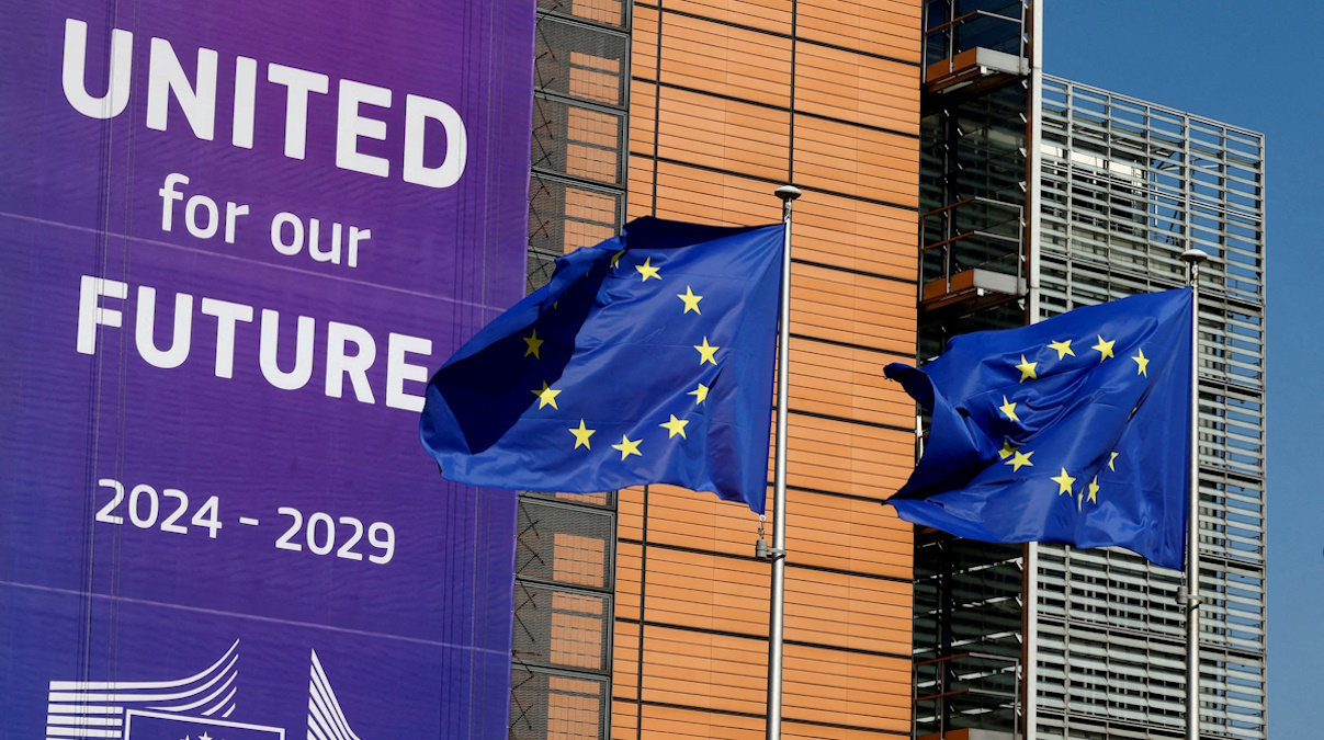 European Union flags flutter outside the European Commission