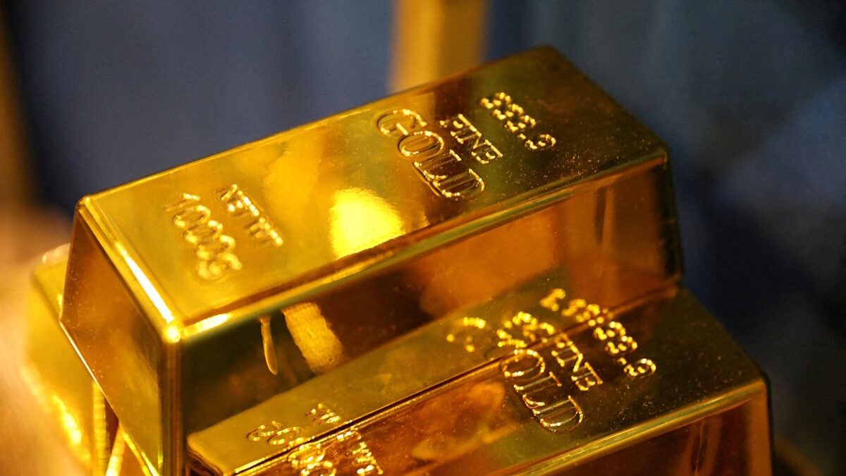 Gold bar replicas are displayed