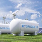 Hydrogen energy storage gas tank for clean electricity solar and wind turbine facility.3d rendering