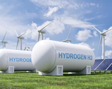 Hydrogen energy storage gas tank for clean electricity solar and wind turbine facility.3d rendering