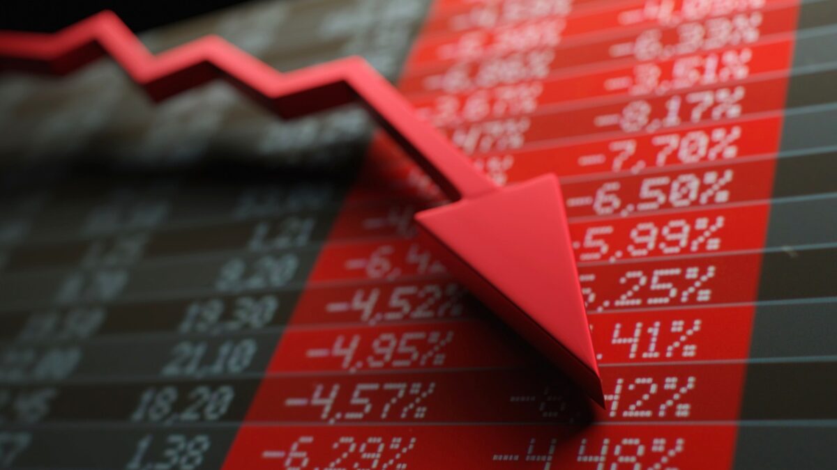 Stock market crash and panic, financial losses, economic recession concept. Red arrow over negative financial figures. Digital 3D render