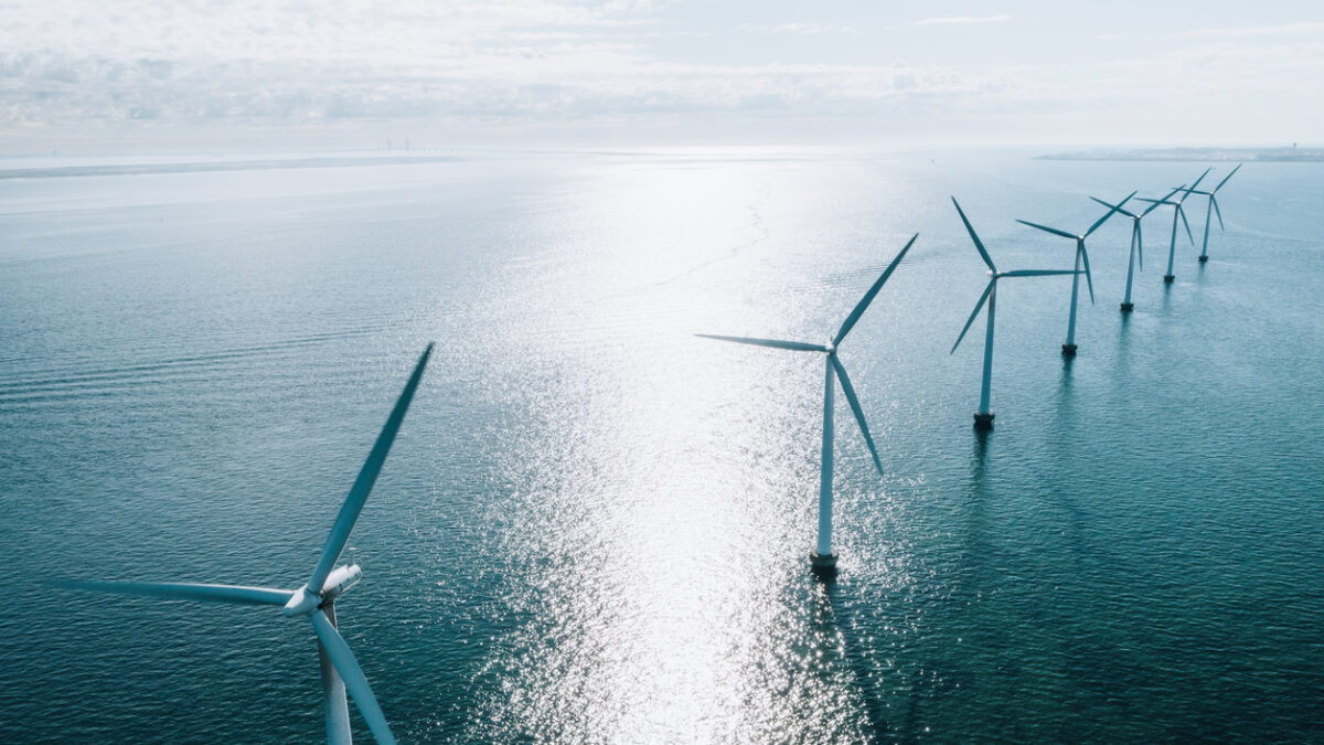 Coastal wind turbines at the oceanic windmill Middelgrunden, situated just outside Copenhagen
