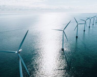 Coastal wind turbines at the oceanic windmill Middelgrunden, situated just outside Copenhagen