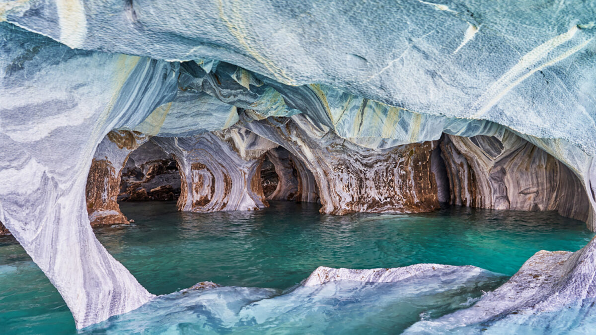 Cathedral at Marbel Caves, General Carrera Lake, or Lake Buenos Aires. It is located along the carretera austral in Patagonia and shared by Argentina and Chile. South