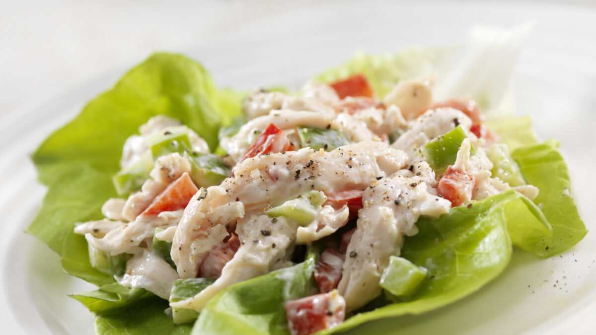 A Creamy Chicken Salad Lettuce Wrap with Red and Green Peppers- Photographed on Hasselblad H3D2-39mb Camera