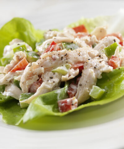 A Creamy Chicken Salad Lettuce Wrap with Red and Green Peppers- Photographed on Hasselblad H3D2-39mb Camera