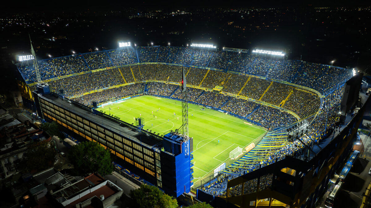 Buenos Aires, Argentina, April 15, 2023: La Bombonera Soccer Stadium at downtown Buenos Aires, Argentina. Boca Junior Stadium illuminated at night. Football Field.