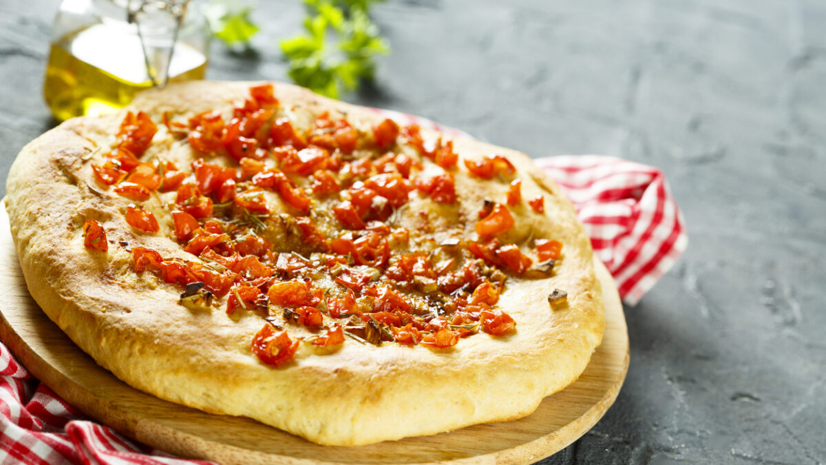 Focaccia bread with tomatoes and garlic