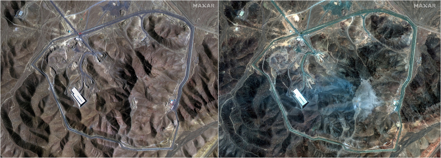 Satellite images over the underground nuclear complex of Fordow Iran, before and after the US hit
