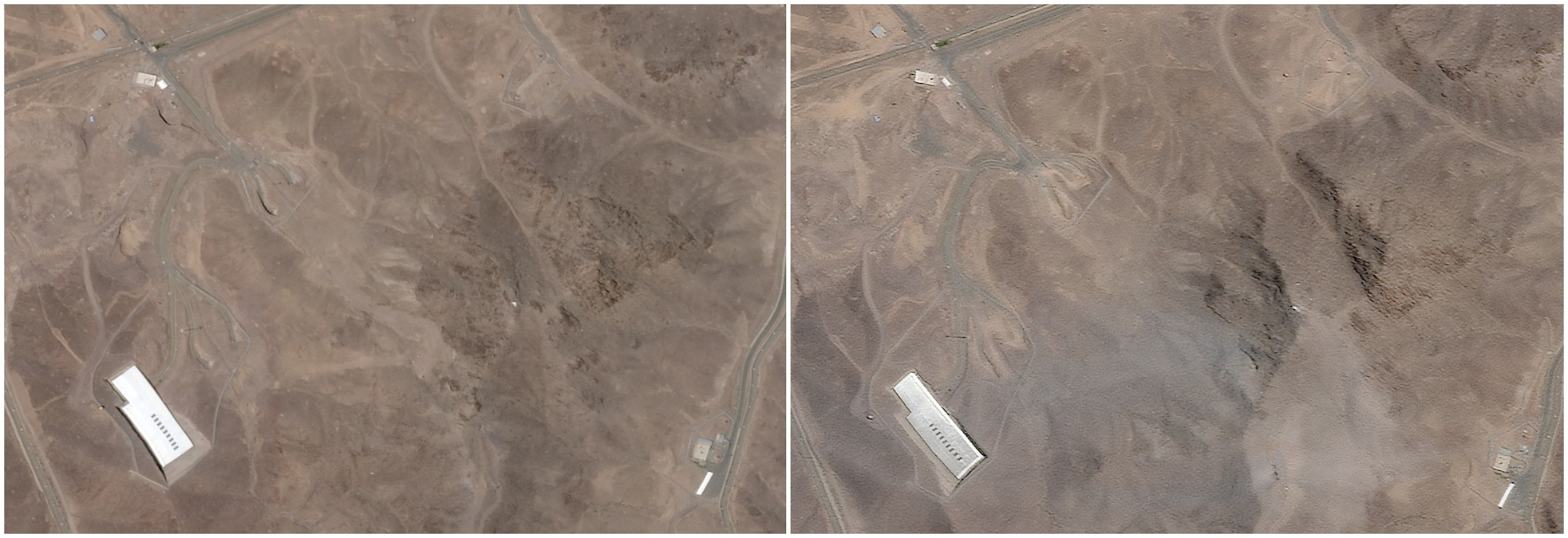 Satellite images over the Fordow underground nuclear complex, before and after the USA / Maxar Technologies / Handout Via Reuters