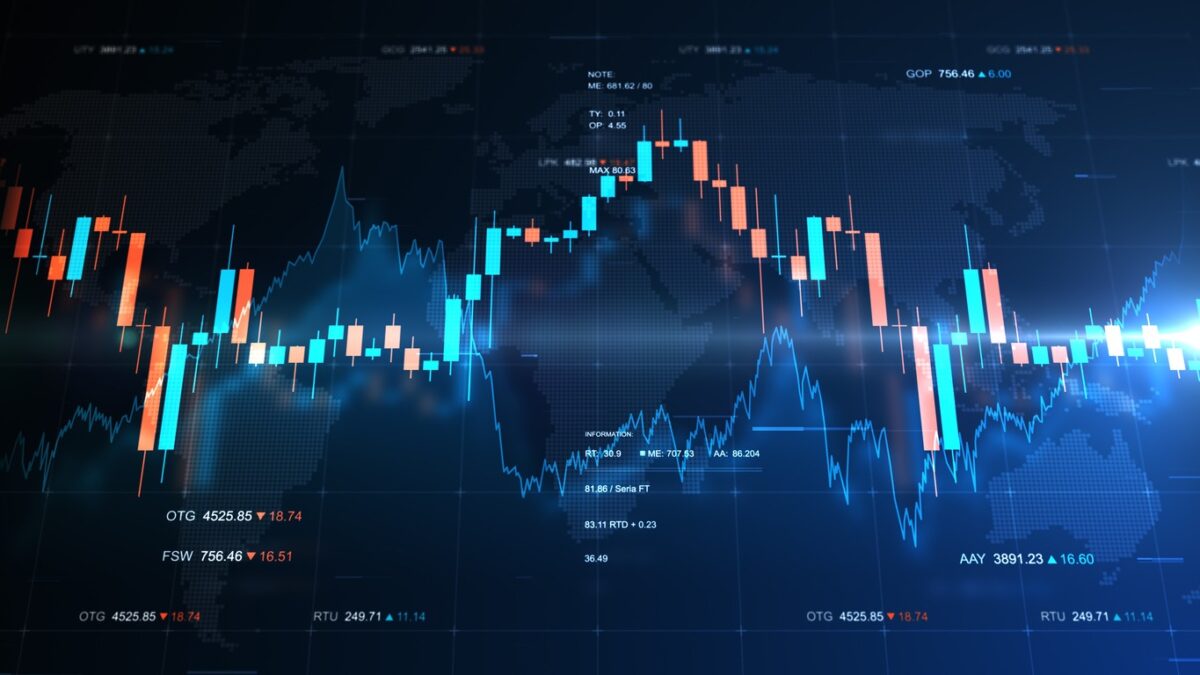 Finance background illustration with abstract stock market information and charts over world map and stock indexes