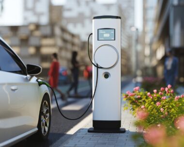 An electric vehicle at a charging station in the city. All items in the scene are 3D, charging station and concept cars are not based on any real ones.
