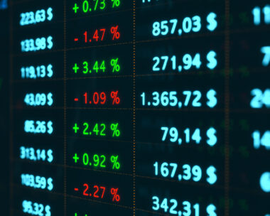 Monitor with information, percenateg signs, numbers, stock prices, charts and changes