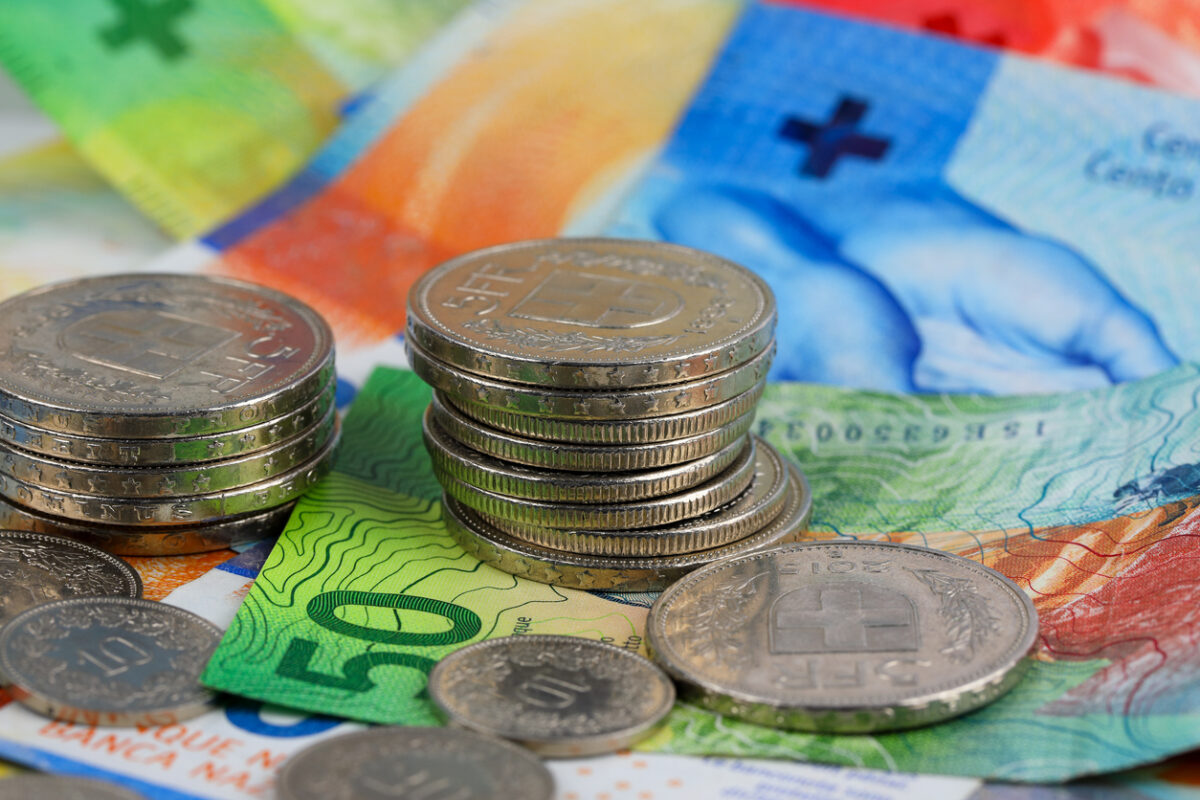 The Swiss currency, CHF, is visible. Coins are shown lying on paper money. It can be used to illustrate a wide range of financial topics