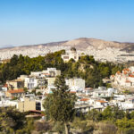 High angle view of National Observatory of Athens (Thissio Visitor Center) and Church of Agia Marina in Athens, Greece.