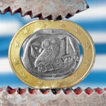 Greek euro stressed with a plier symbolizing the financial problems of the country