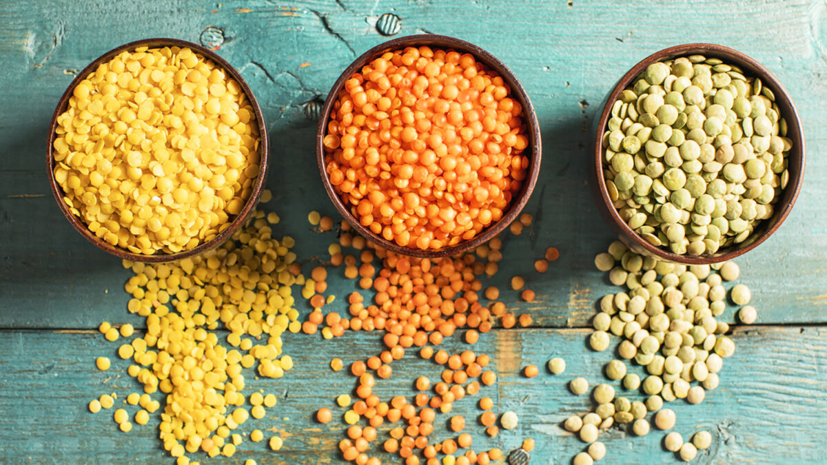 Red yellow green lentils high angle view
