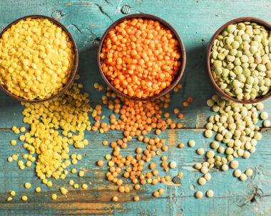 Red yellow green lentils high angle view