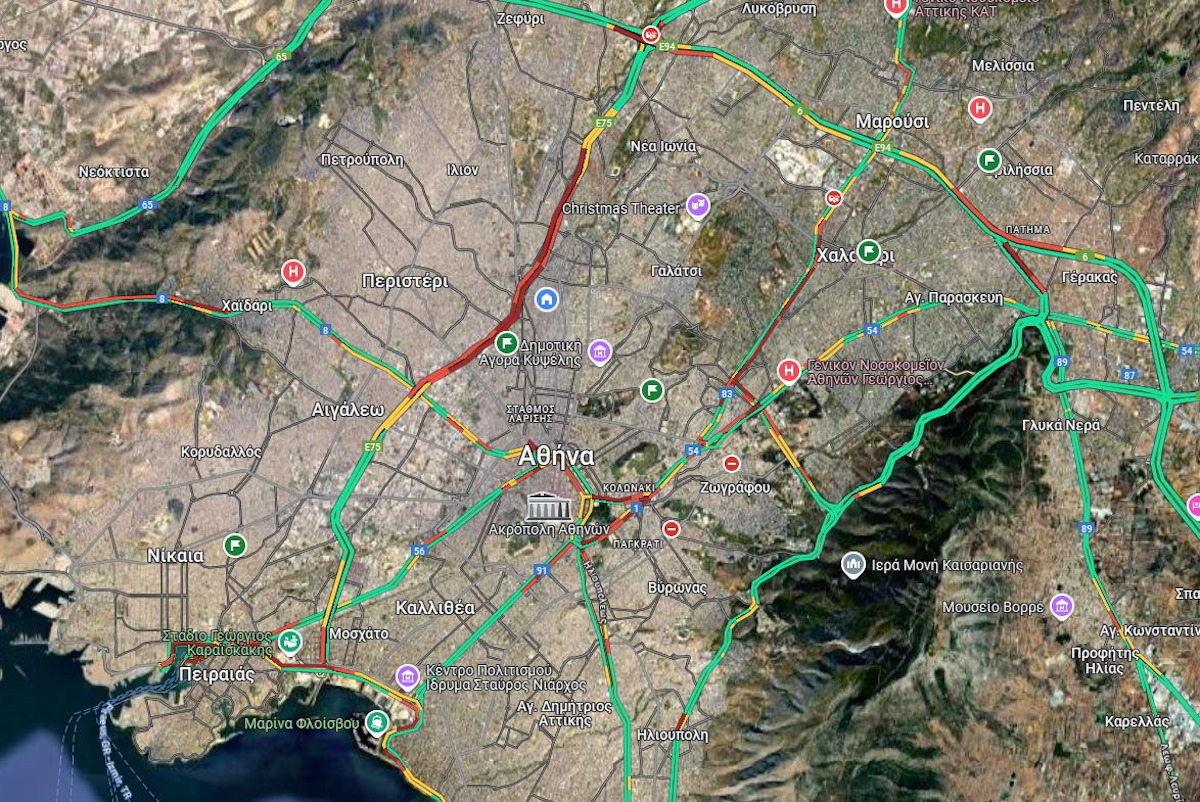 Ο χάρτης με την κίνηση στους δρόμους της Αττικής