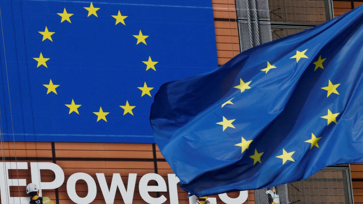 European Union flag flutters outside the EU Commission headquarters in Brussels, Belgium, October 19, 2022.