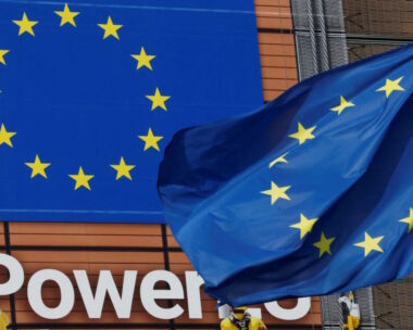 European Union flag flutters outside the EU Commission headquarters in Brussels, Belgium, October 19, 2022.
