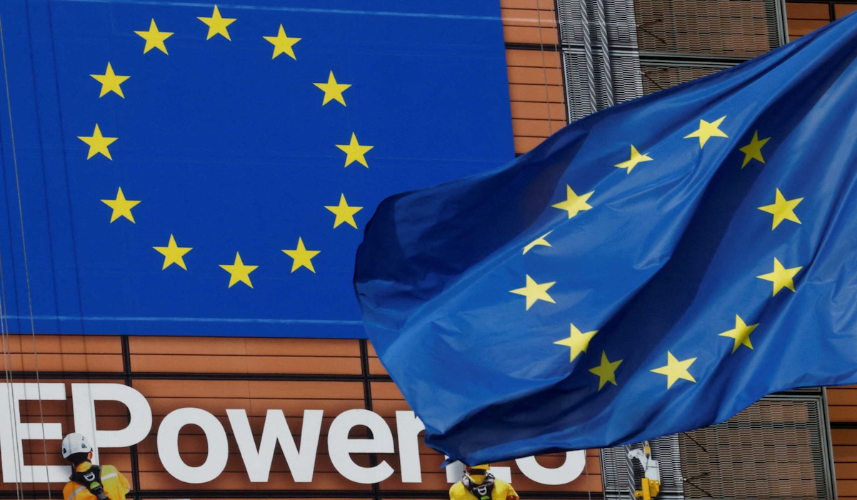 European Union flag flutters outside the EU Commission headquarters in Brussels, Belgium, October 19, 2022.
