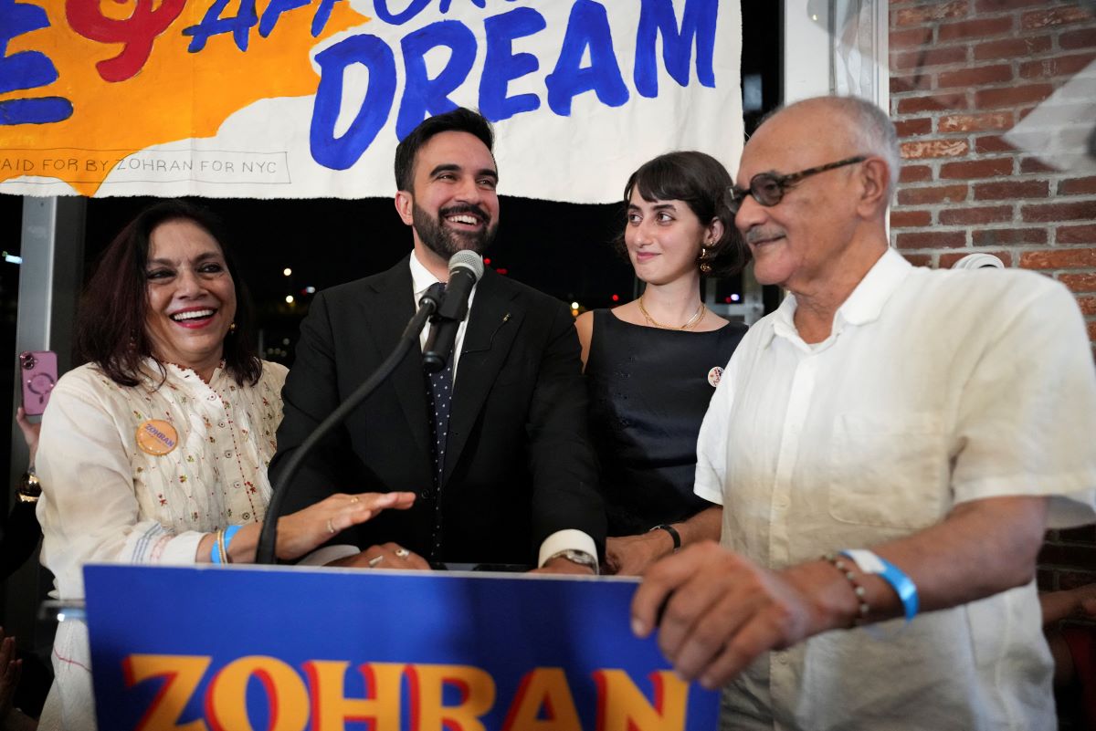 Zohran Mamdani with his parents and his wife -left of his