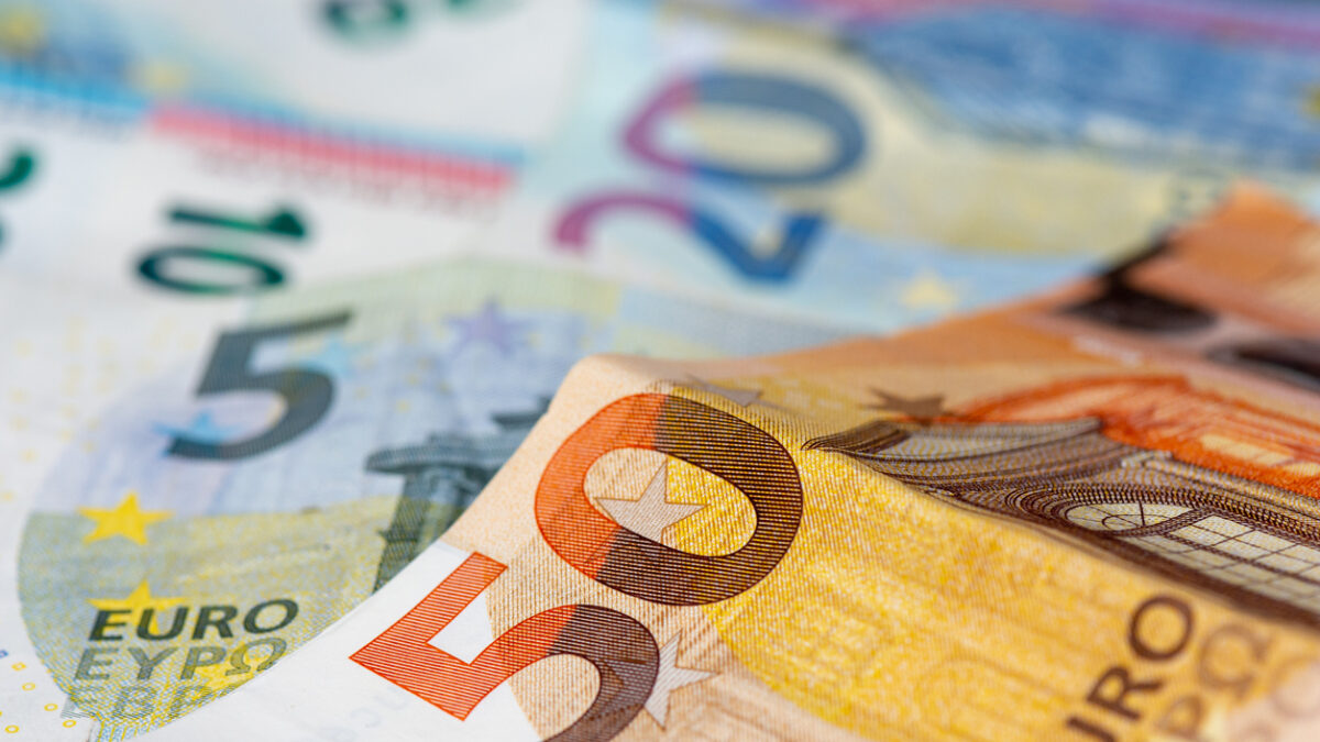 5, 10, 20 and 50 euro banknotes. Close-up view