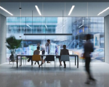 Group of people working in a modern board room