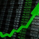 Stock market boom, financial gains, safe investment concept. Green arrow soaring over financial figures. Digital 3D render.