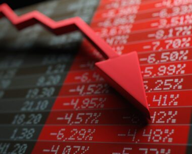 Stock market crash and panic, financial losses, economic recession concept. Red arrow over negative financial figures. Digital 3D render.