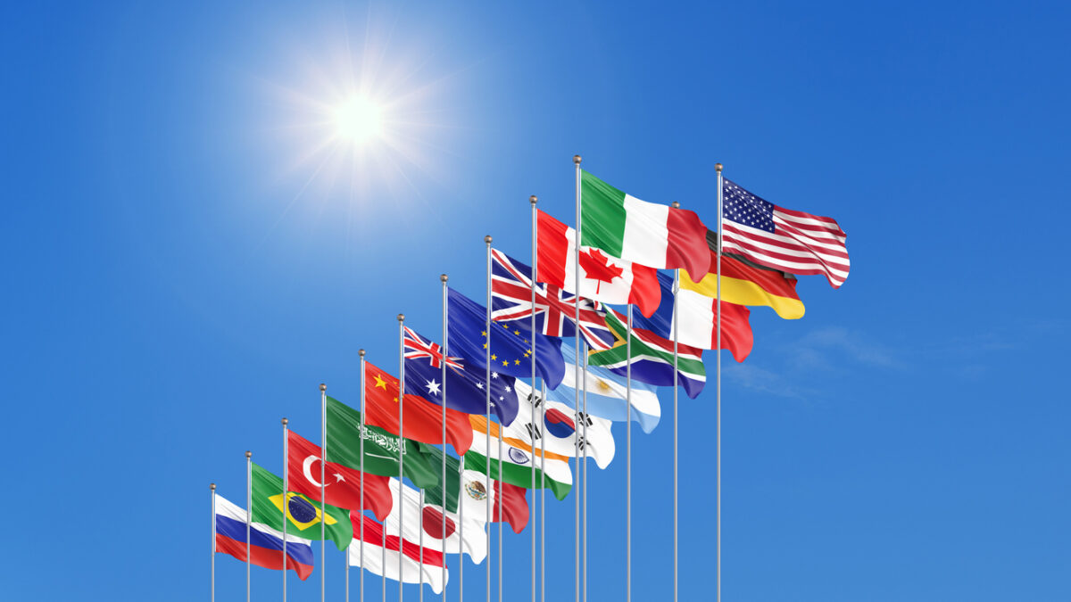 Waving flags countries of members Group of Twenty
