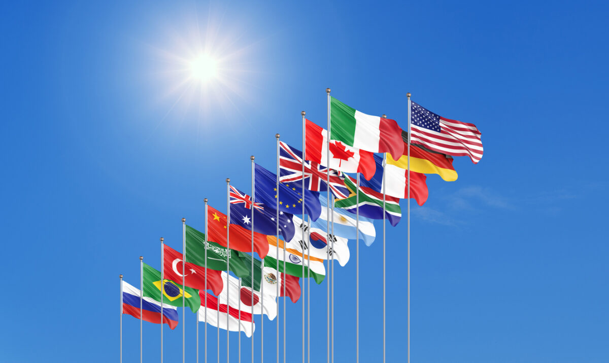 Waving flags countries of members Group of Twenty