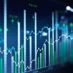 Financial chart and rising graph with lines and numbers and bar diagrams that illustrate stock market behavior. Concept of successful trading. Dark blue background. 3d rendering