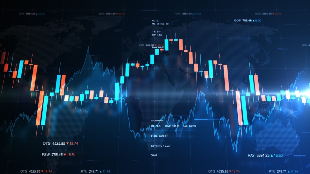 Finance background illustration with abstract stock market information and charts over world map and stock indexes