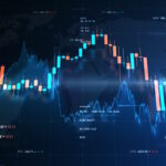 Finance background illustration with abstract stock market information and charts over world map and stock indexes