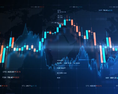 Finance background illustration with abstract stock market information and charts over world map and stock indexes