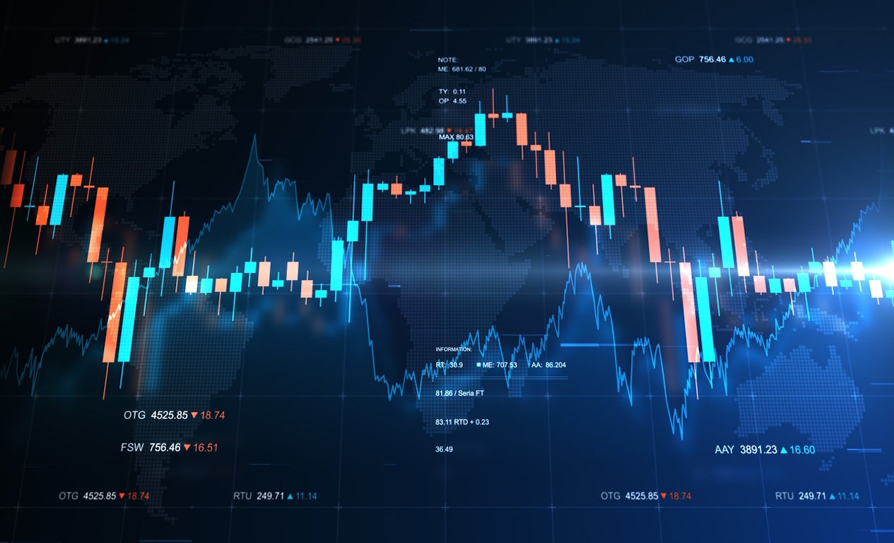Finance background illustration with abstract stock market information and charts over world map and stock indexes