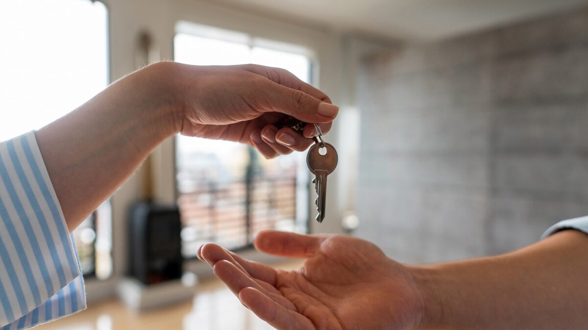 Close-up on a real estate agent giving the keys of his new house to a man - home ownership concepts