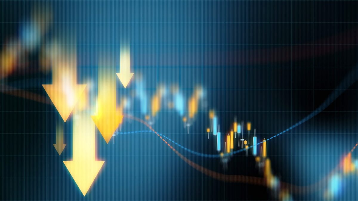 Down arrows over blue financial graph background. Horizontal composition with selective focus and copy space. Investment, stock market data and finance concept.