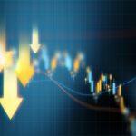 Down arrows over blue financial graph background. Horizontal composition with selective focus and copy space. Investment, stock market data and finance concept.