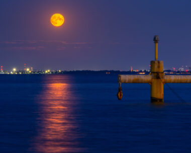 Full moon in July at Baltic Sea in Gdynia Orlowo. Poland