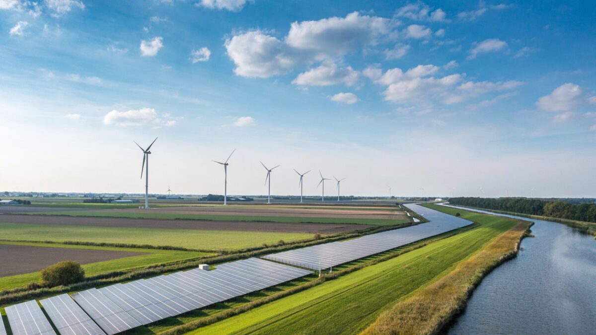 Solar panels and wind turbines generating renewable energy for green and sustainable future