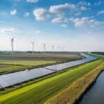 Solar panels and wind turbines generating renewable energy for green and sustainable future