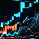 Forex stock market hologram, candlesticks dynamics and statistics, bar chart with numbers. Concept of online trading, trend and finance. 3D rendering illustration