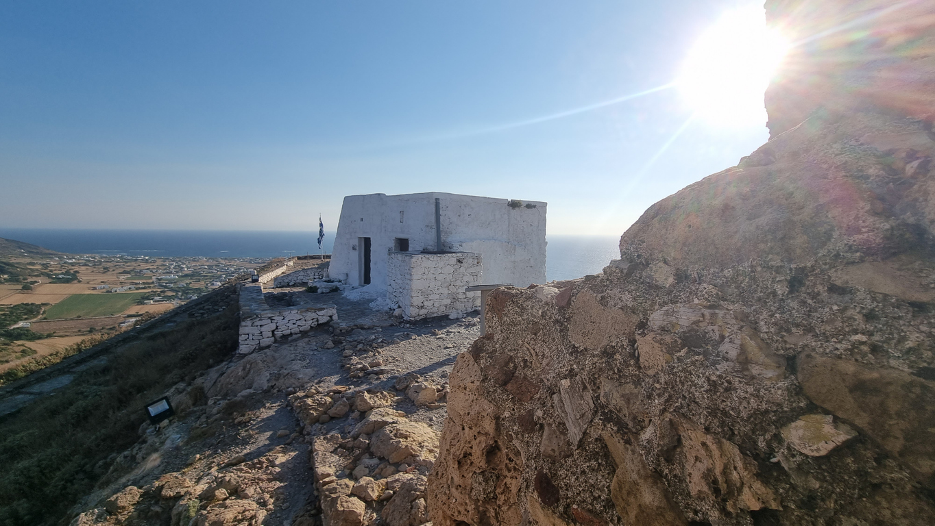 skiros or skyros island church on the tiop of the hill of chora in the castle greece, in th e morning sunset