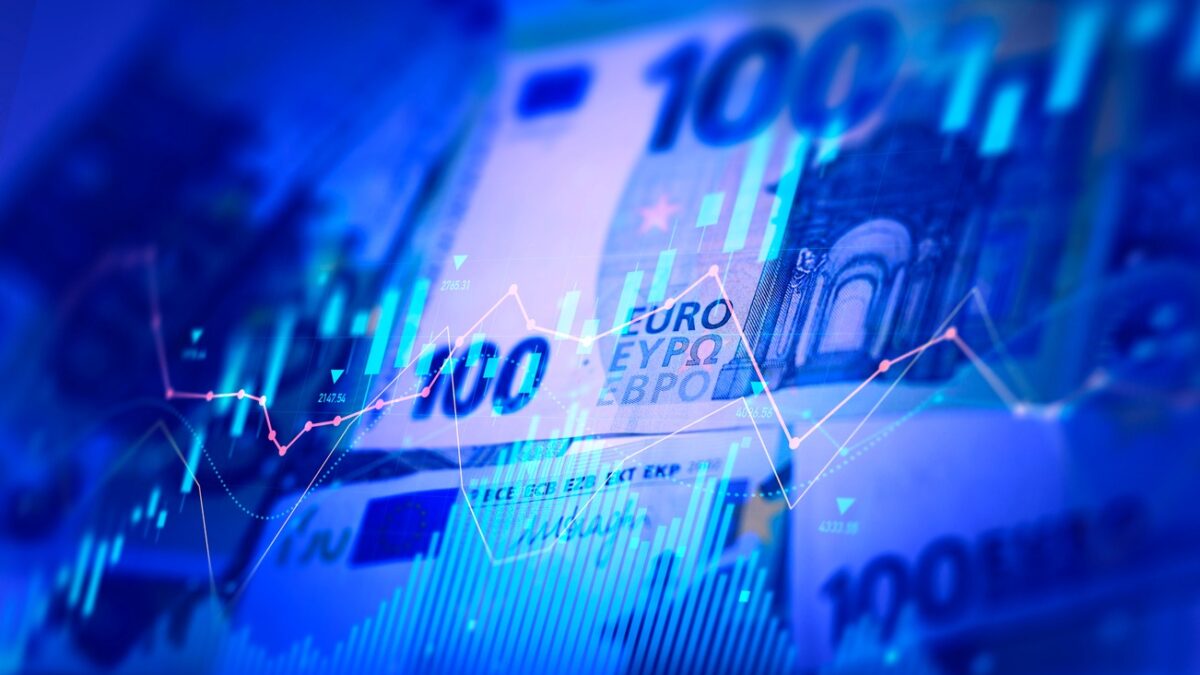 Euro banknotes with stock market chart graph for currency exchange and global trade forex concept