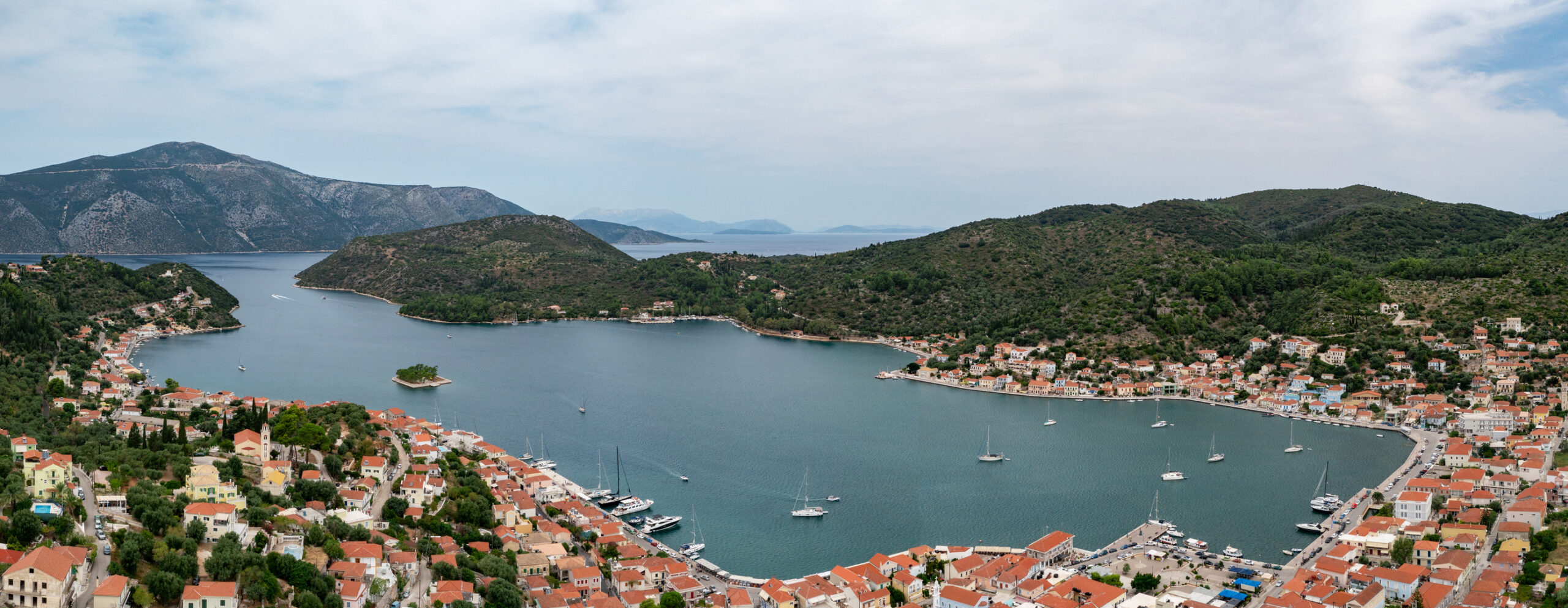 Aerial view of Vathi, the largest settlement on the Greek Ionian island of Ithaca