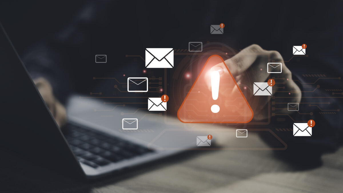 Email safety and protection. Features alerts, spam messages, and notifications with warnings about viruses and hacking. Highlights the importance of strong passwords, firewalls, and privacy