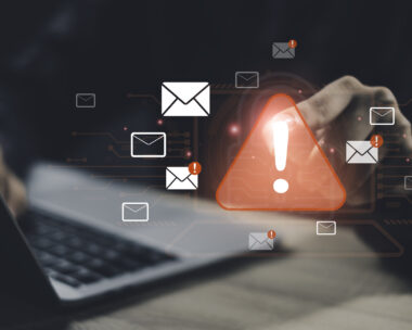 Email safety and protection. Features alerts, spam messages, and notifications with warnings about viruses and hacking. Highlights the importance of strong passwords, firewalls, and privacy